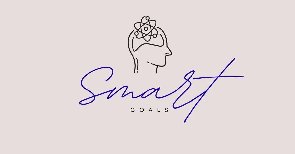 Beigefarbene Grafik „Smart Goals“ mit einer Linien-Illustration eines Kopfes und einem Atom-Symbol