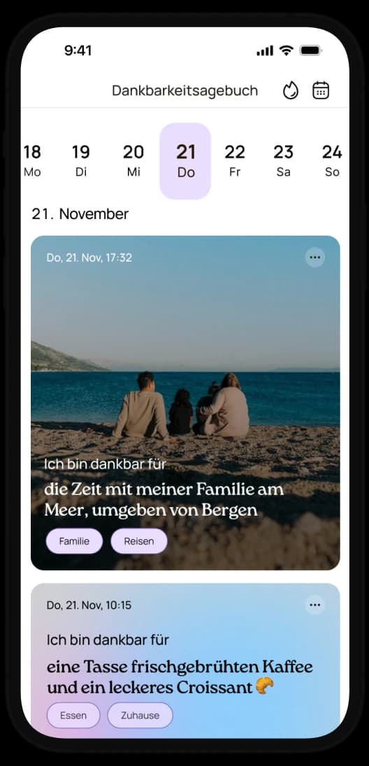Ein Eintrag im Dankbarkeitstagebuch der VISIYA App auf einem iPhone