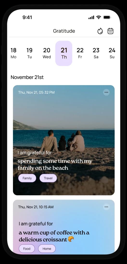 A gratitude journal entry in the VISIYA app on an iPhone