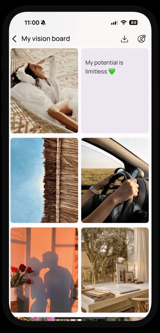 A personal vision board in the VISIYA app on an iPhone
