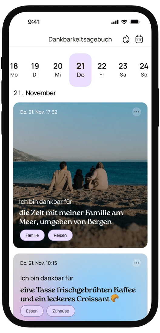 Ein Eintrag im Dankbarkeitstagebuch der VISIYA App auf einem iPhone