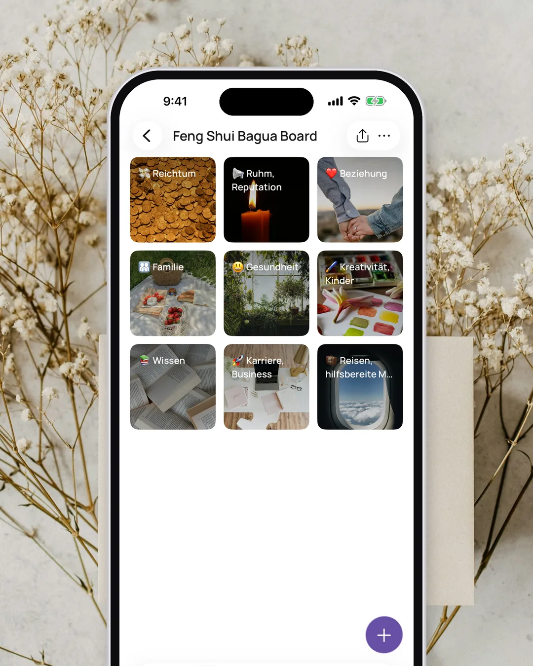 Das kostenlose Feng Shui Bagua Board in VISIYA, alle neun Bereiche mit Fotos gefüllt