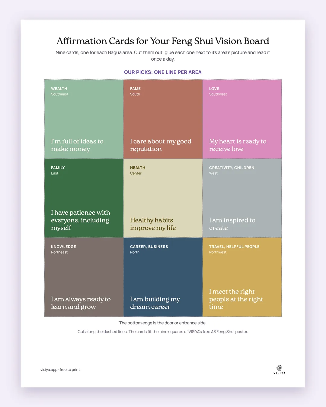 Page 1 of the Bagua affirmation cards: nine colored cards in a grid, one line on each