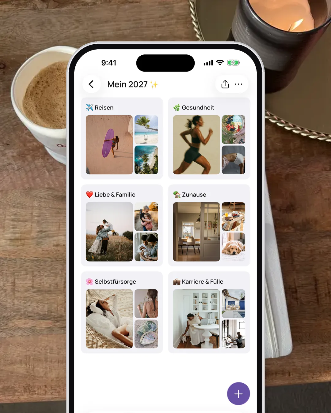 Ein Vision Board in der VISIYA-App mit sechs Kacheln für verschiedene Lebensbereiche
