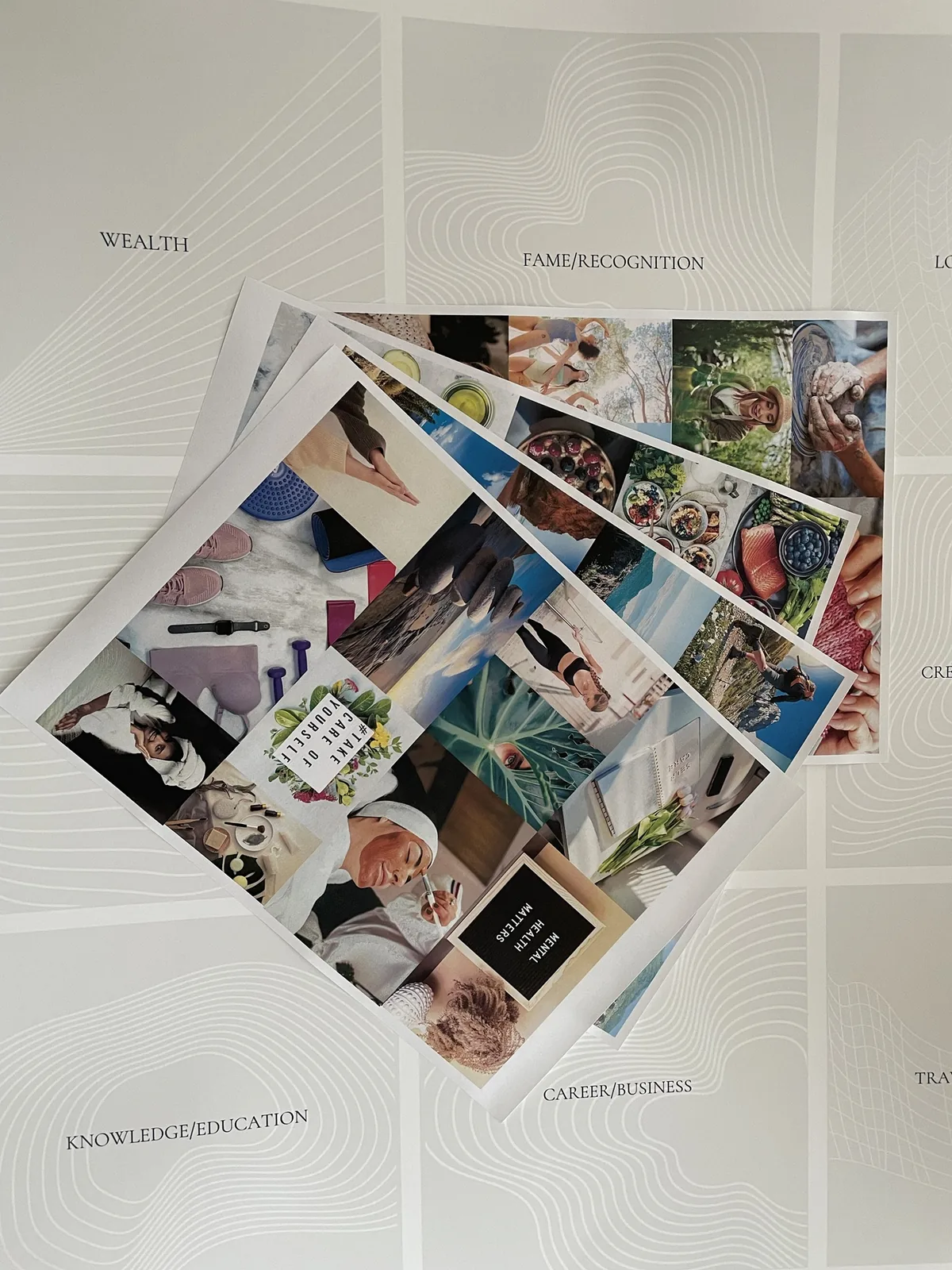 Ausgedruckte Fotobögen auf meinem Vision-Board-Poster, bevor ich etwas ausschneide und aufklebe