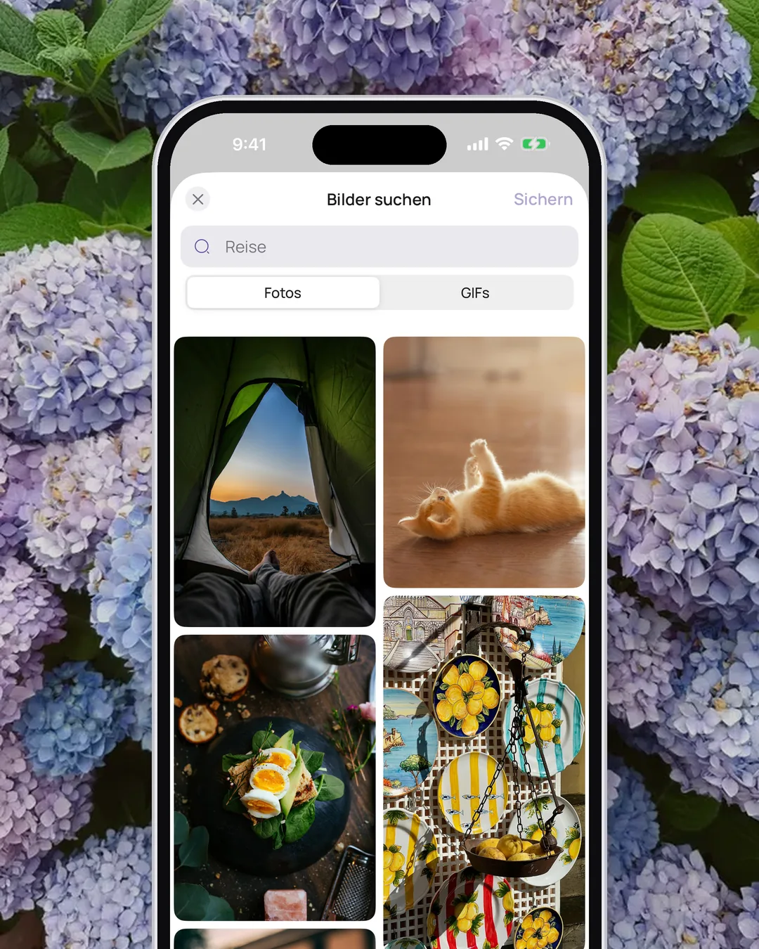 In einem VISIYA Board ist „Bilder suchen“ geöffnet, mit den Reitern Fotos und GIFs und Suchergebnissen zum Begriff Reise