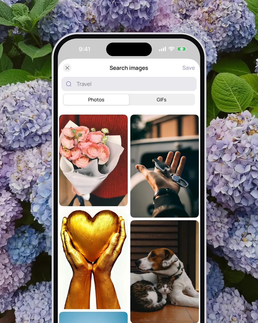 "Search images" open inside a VISIYA board, with the Photos and GIFs tabs and results for a search term