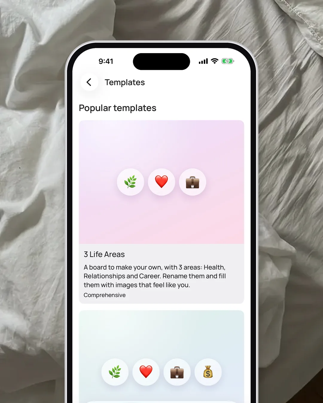 VISIYA's "Popular templates" gallery with vision board templates such as "3 Life Areas," each with a cover picture and a name