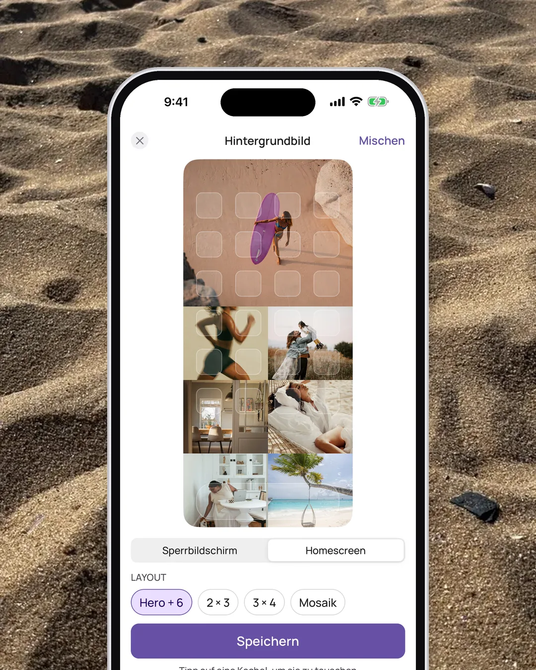 Der Hintergrundbild-Editor in VISIYA mit der Vorschau für den Homescreen, eine Collage aus Board-Bildern im Format des iPhone-Bildschirms, Speichern mit VISIYA Plus