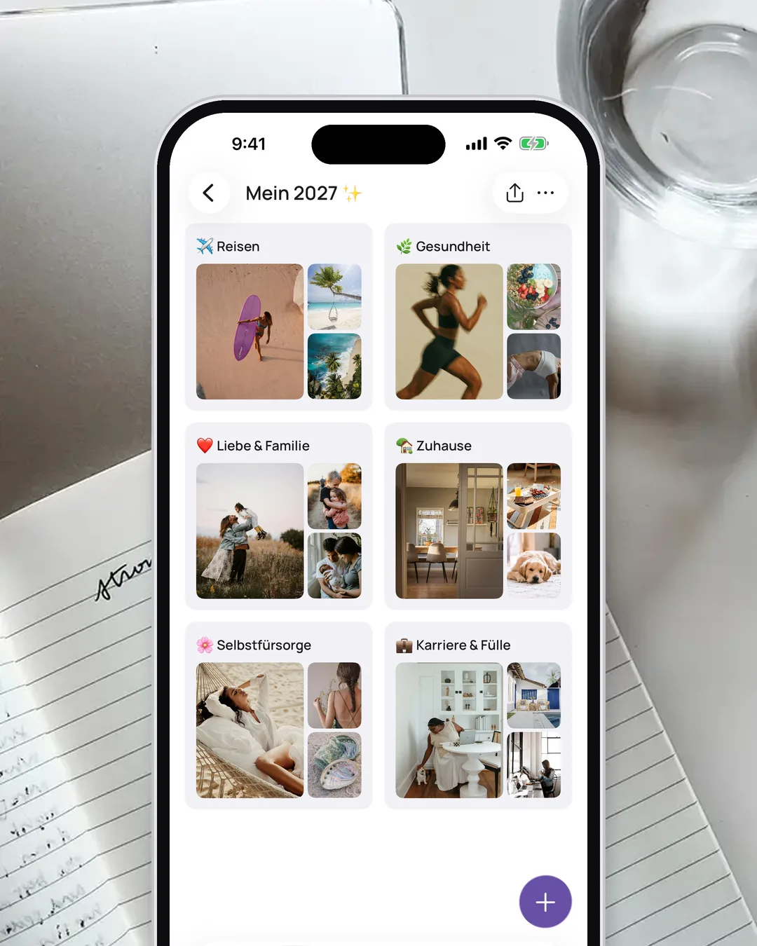 Ein Vision Board in der VISIYA App auf dem iPhone, aufgeteilt in Kacheln für einzelne Lebensbereiche