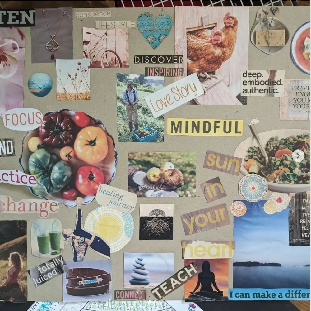 A vision board collage of magazine cut-outs, photos and motivating words like focus, mindful and love story