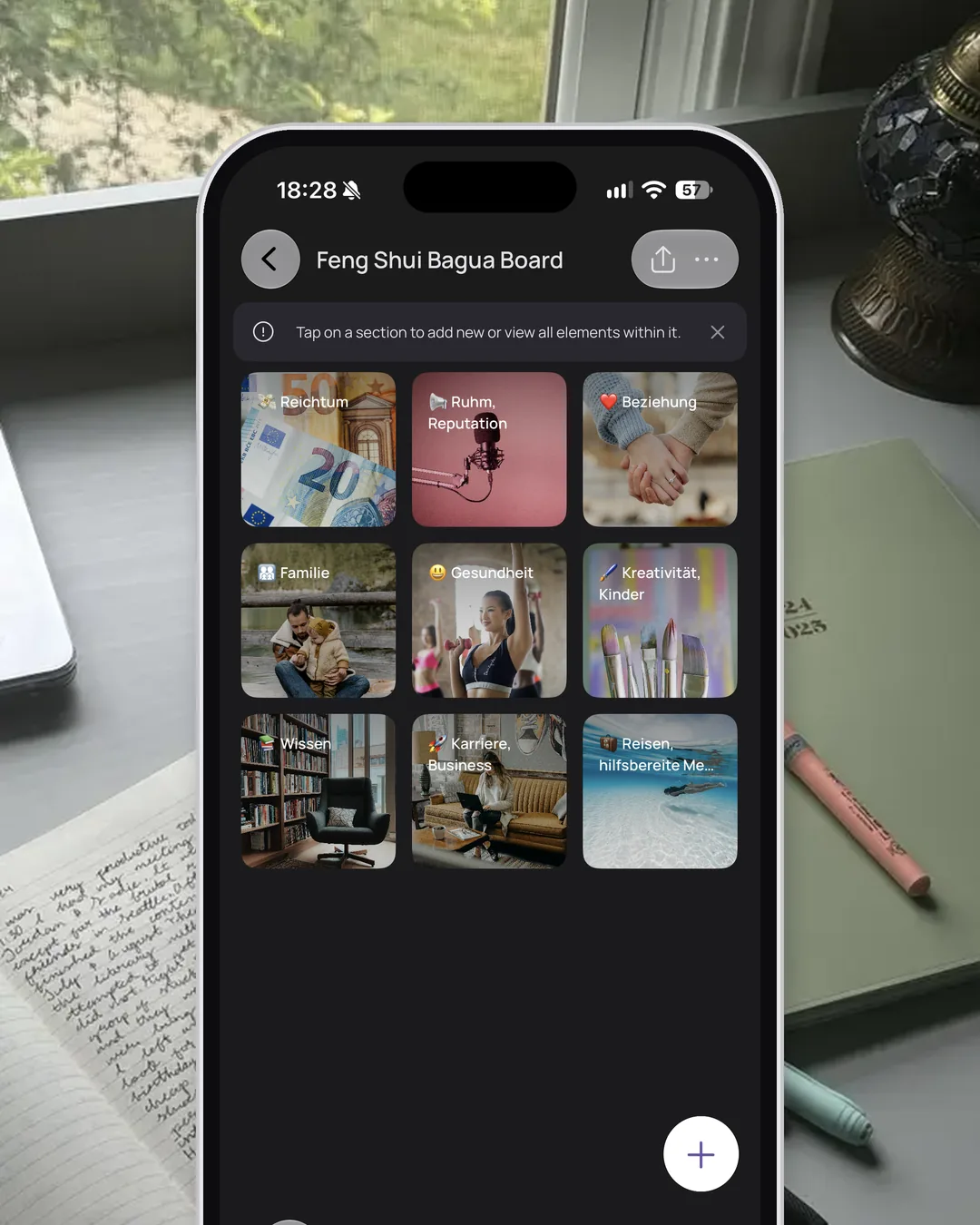 Die Vorlage Feng Shui Bagua Board in der VISIYA App auf dem iPhone, die neun Bereiche mit Fotos gefüllt: Reichtum, Ruhm und Reputation, Beziehung, Familie, Gesundheit, Kreativität und Kinder, Wissen, Karriere und Business, Reisen und hilfsbereite Menschen