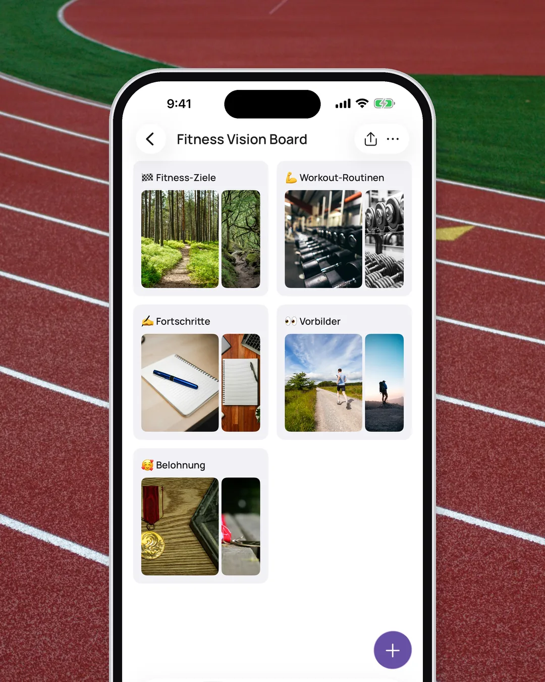 Das Fitness Vision Board in VISIYA mit den fünf Bereichen Fitness-Ziele, Workout-Routinen, Fortschritte, Vorbilder und Belohnung, gerahmt über einer roten Laufbahn