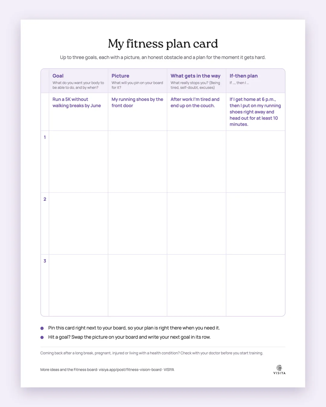 The fitness plan card filled in for the goal "Run a 5K without walking breaks by June," with a picture, the obstacle and an if-then plan