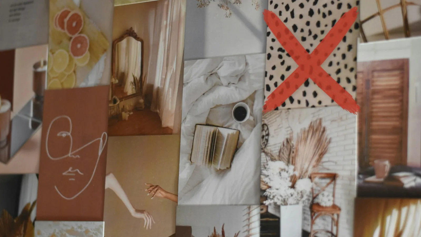 Eine Vision-Board-Collage aus Papier, auf der ein Bild mit rotem Marker durchgestrichen ist