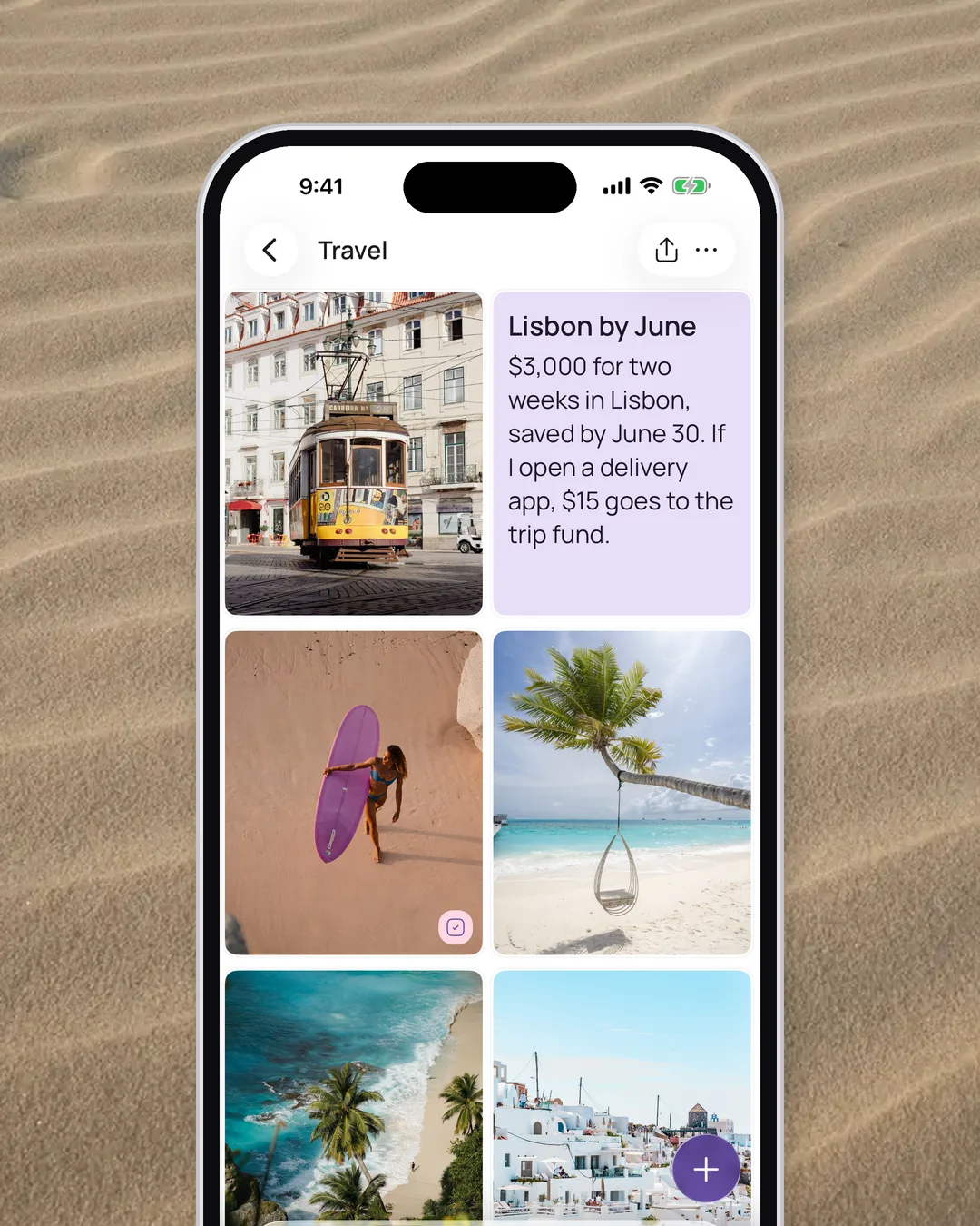A note on a board in the VISIYA app: a specific wish with an if-then plan in the same note, next to a photo of a Lisbon tram