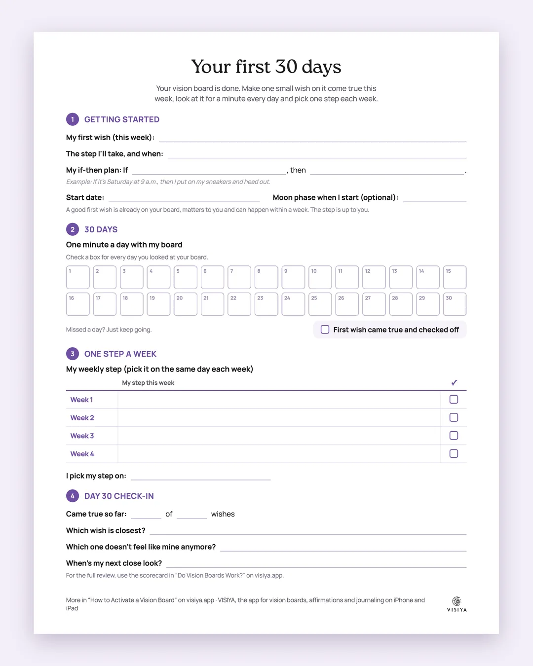 The printable plan "Your first 30 days": fields for your first wish and your if-then plan at the top, 30 boxes to check off below, four rows for weekly steps and a day 30 check-in
