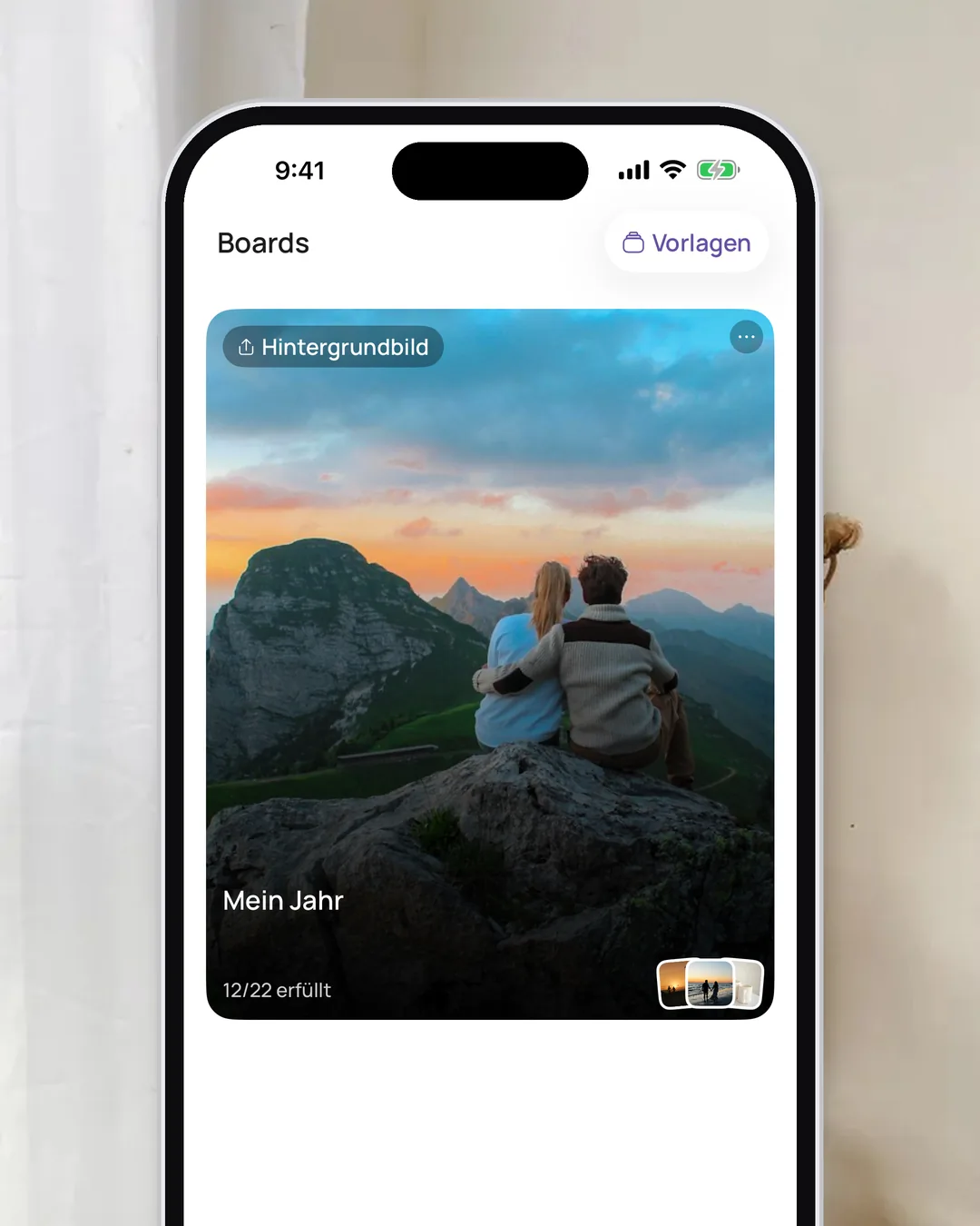 Die Board-Übersicht in der VISIYA-App: Auf der Karte eines Boards steht „12/22 erfüllt“