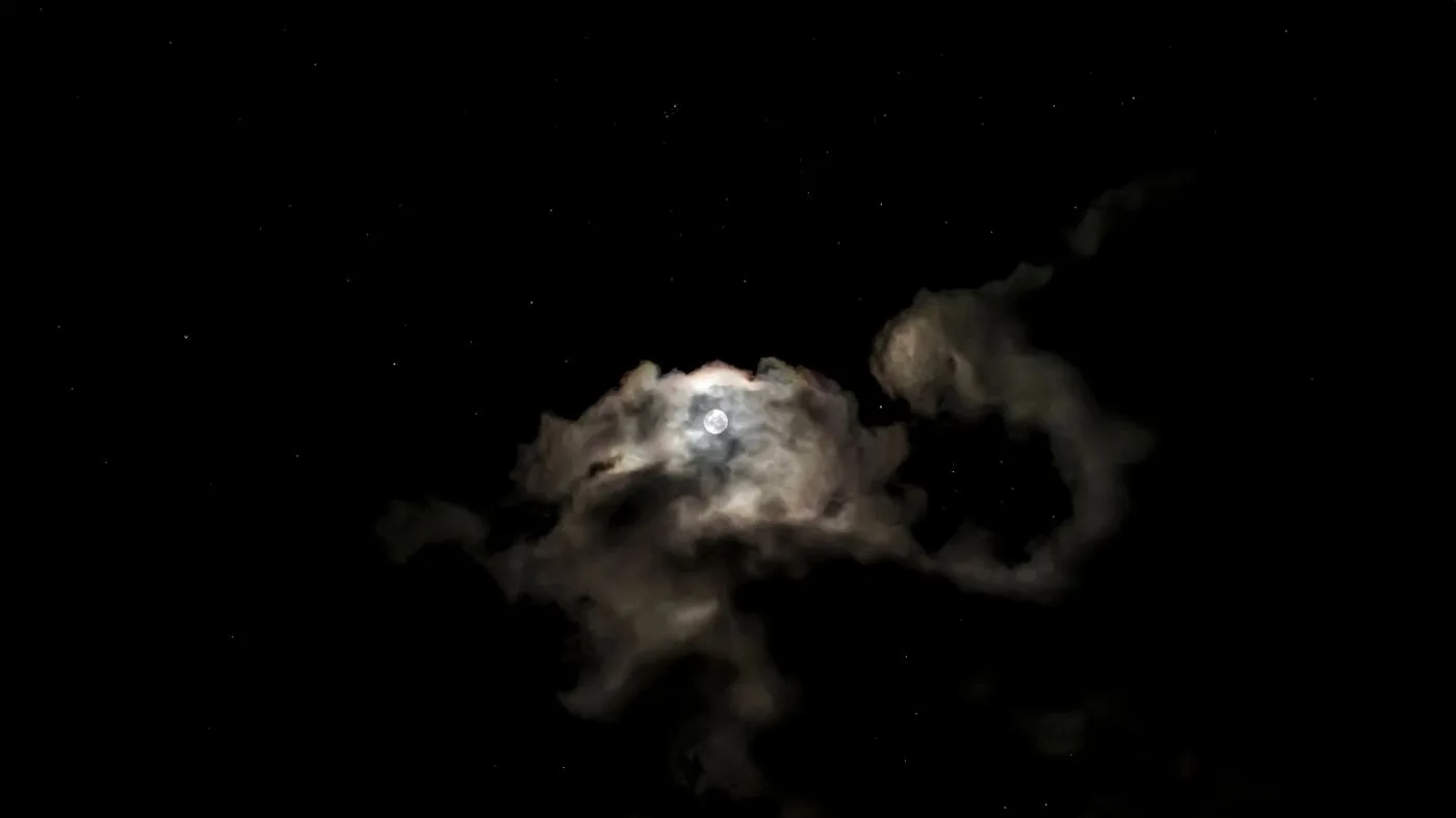 A glowing moon surrounded by drifting clouds and twinkling stars in the night sky