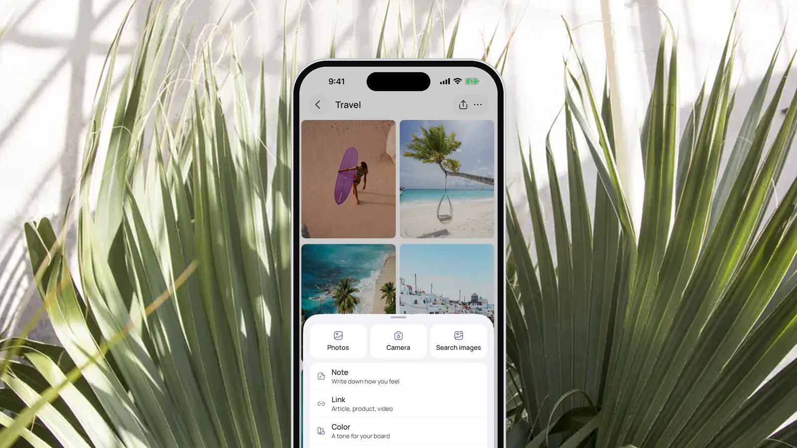 An iPhone showing the VISIYA Add menu with Photos, Camera and Search images, framed by palm fronds against a white wall
