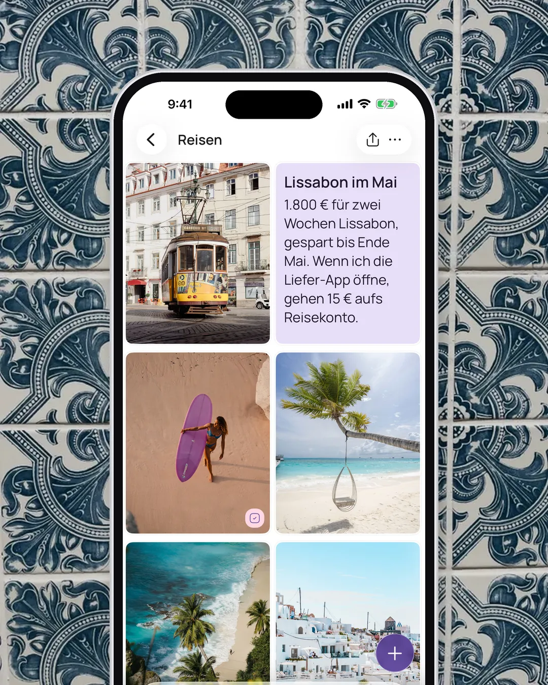 Eine Notiz „Lissabon im Mai“ auf einem Vision Board in VISIYA: 1.800 € für zwei Wochen Lissabon, gespart bis Ende Mai, mit dem Wenn-dann-Plan darunter, daneben ein Foto einer Straßenbahn in Lissabon