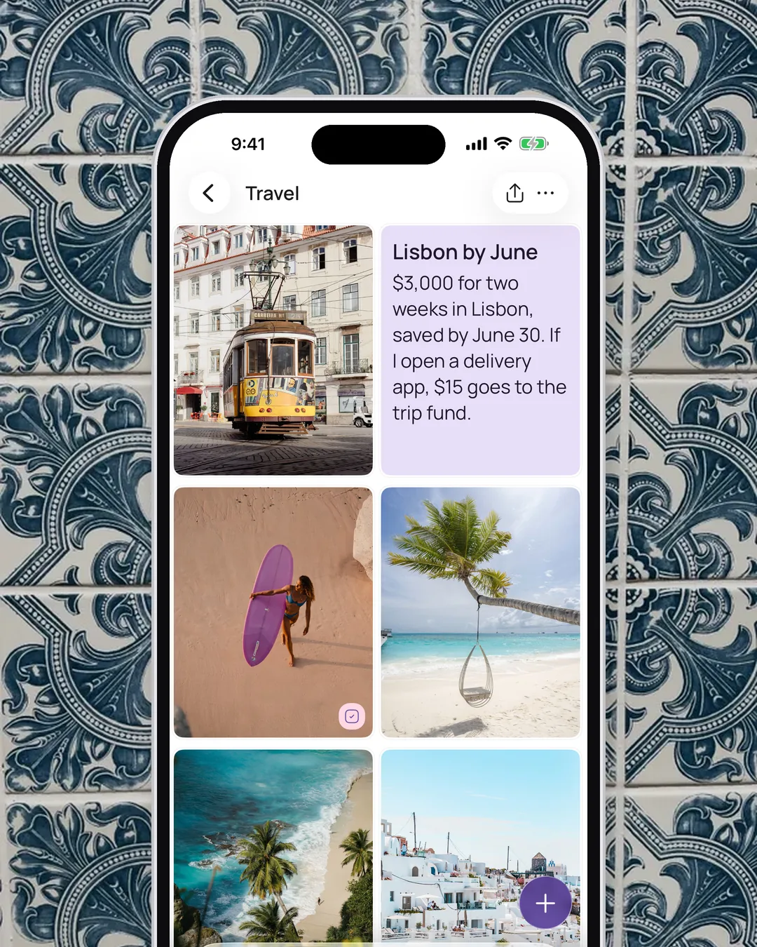 A note titled “Lisbon by June” on a vision board in VISIYA: $3,000 for two weeks in Lisbon, saved by June 30, with the if-then plan below and a photo of a Lisbon tram beside it