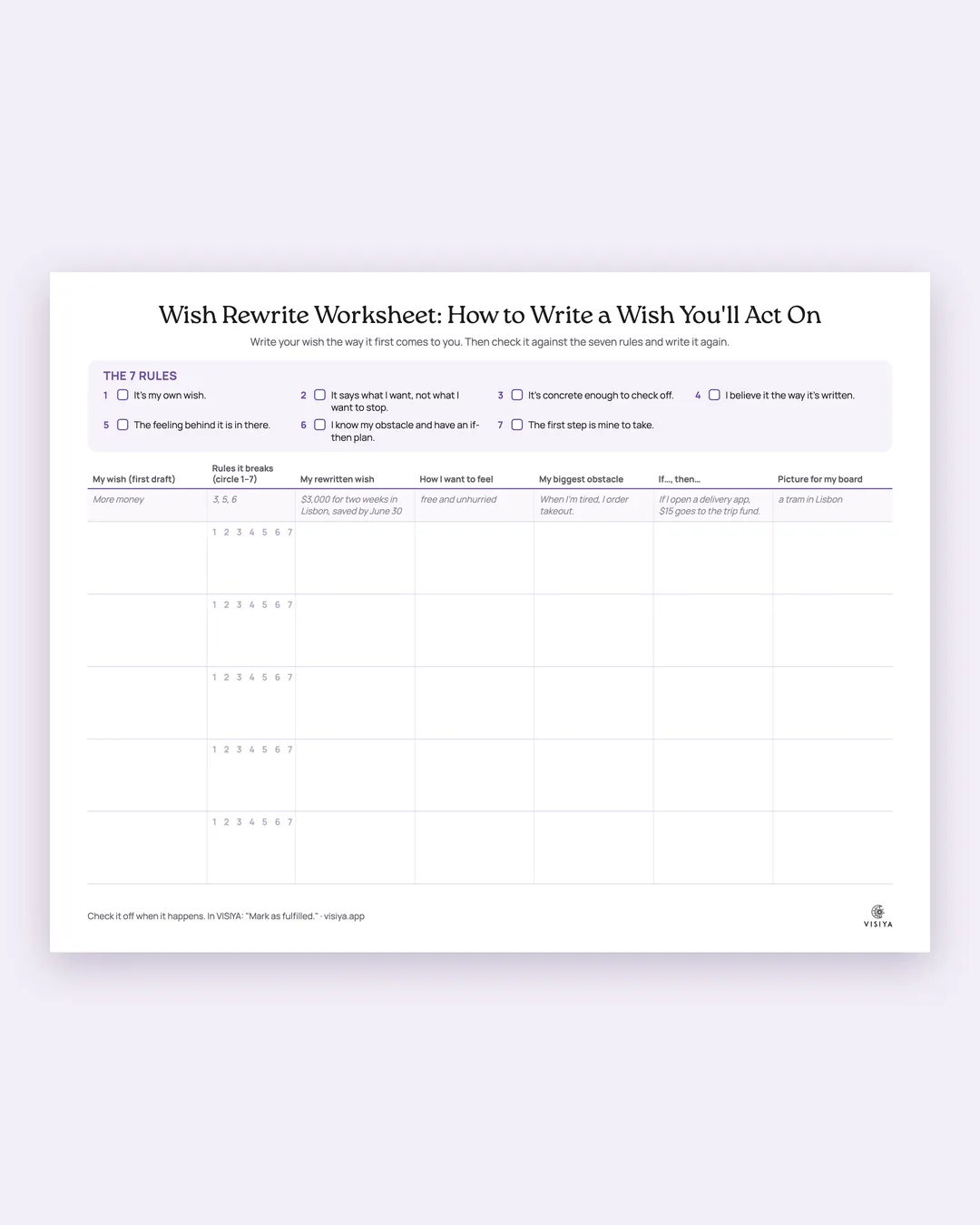 Preview of the Wish Rewrite Worksheet: the seven rules as checkboxes, a filled-in example and five blank rows