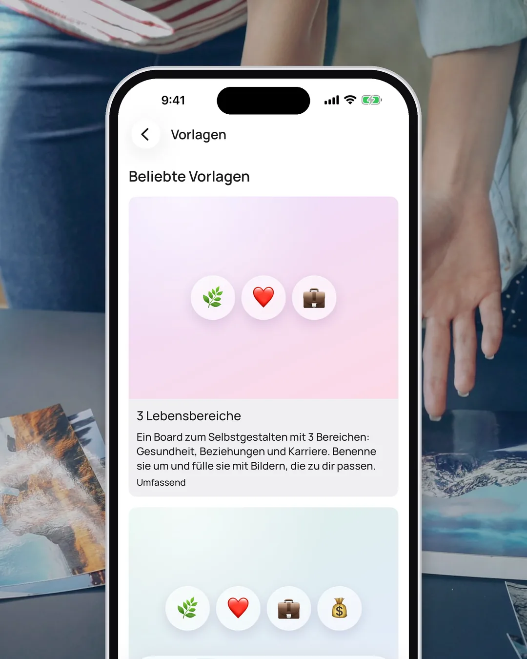 Die Vorlagen-Galerie in VISIYA mit den beliebten Vorlagen, ganz oben das Board „3 Lebensbereiche“