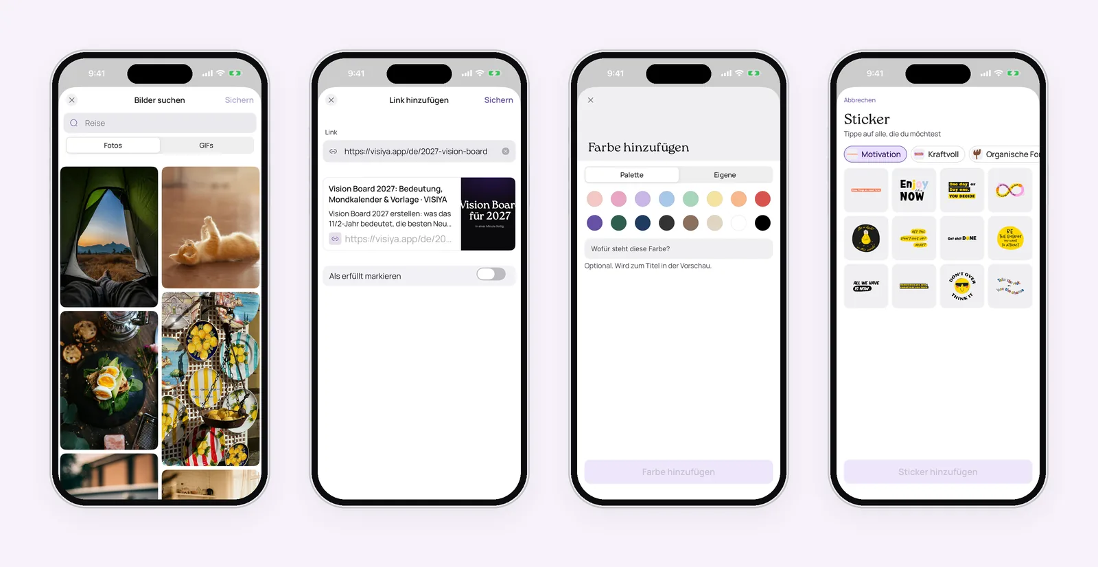 Vier VISIYA Screens nebeneinander: Bilder suchen mit den Reitern Fotos und GIFs, einen Link mit Vorschau hinzufügen, eine Farbe aus der Palette wählen und Sticker aussuchen