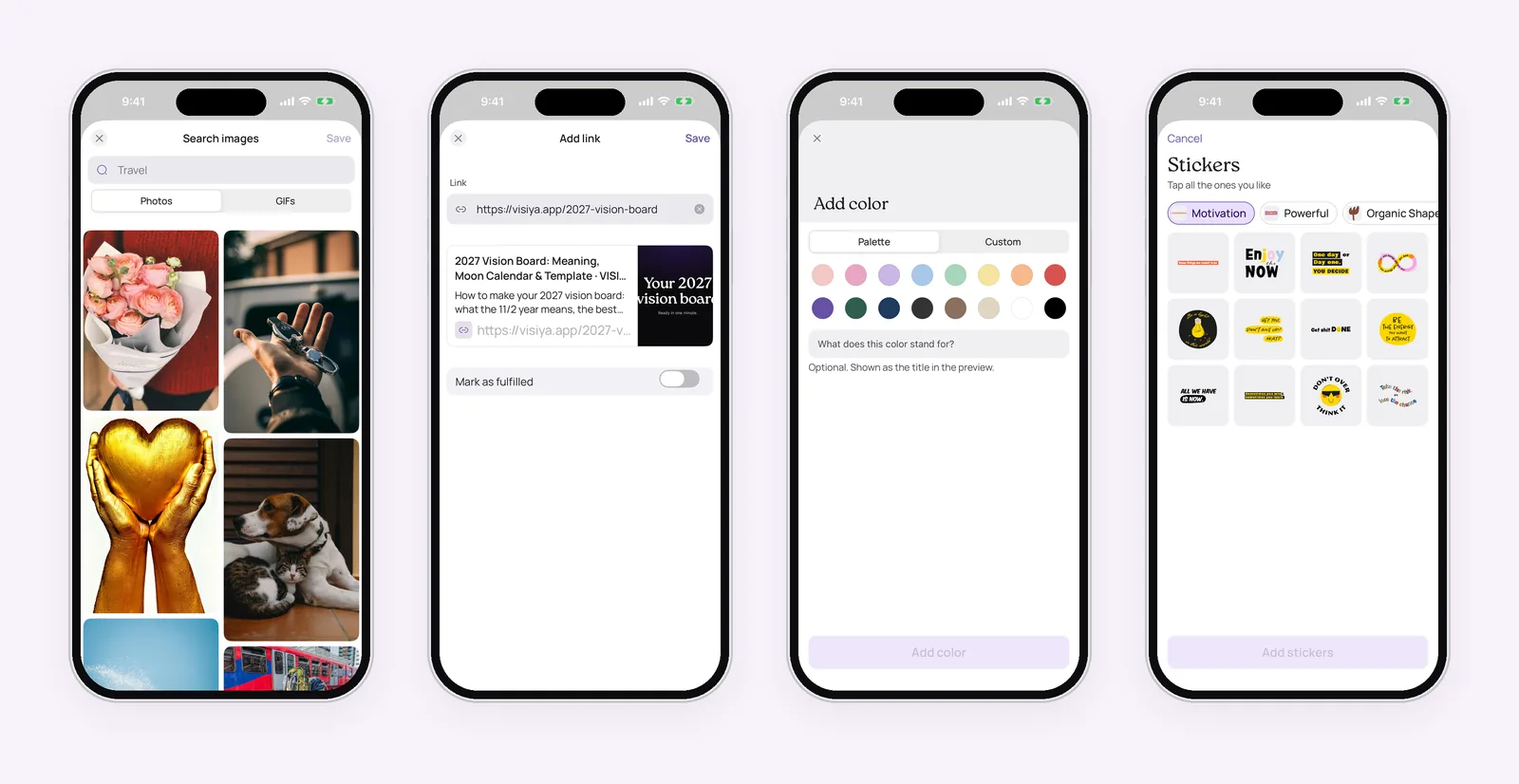 Four VISIYA screens side by side: searching images with Photos and GIFs tabs, adding a link with its preview, picking a color from the palette, and choosing stickers
