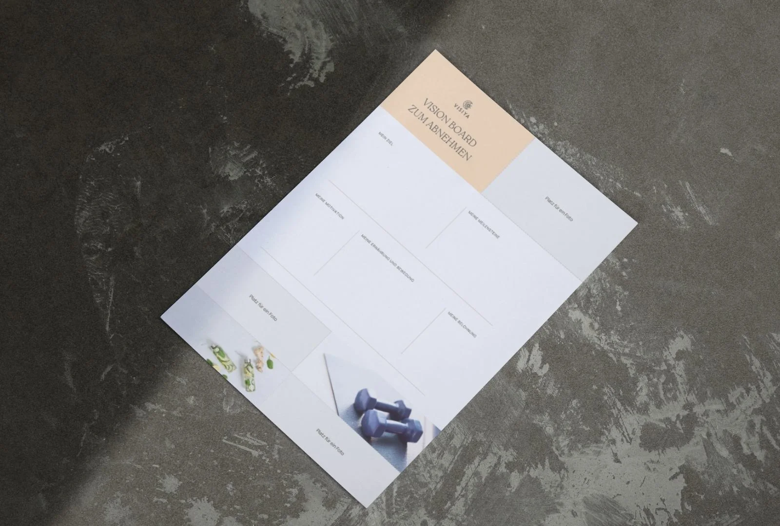 Eine druckbare VISIYA-Vorlage für ein Vision Board zum Abnehmen mit Feldern für Ziel, Motivation, Etappenziele, Training und Ernährung sowie Belohnungen