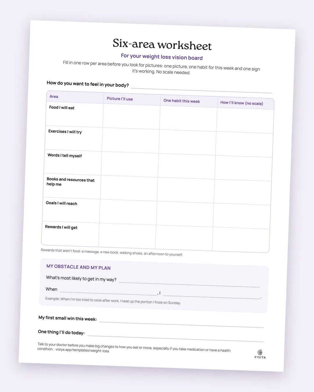 Preview of the printable six-area worksheet for a weight loss vision board, with a row for each area, a box for an if-then plan and a line for your first small win