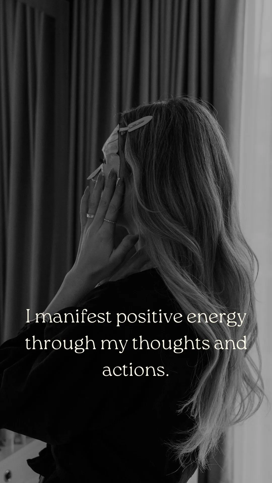 A calm woman practising positive affirmations in soft daylight