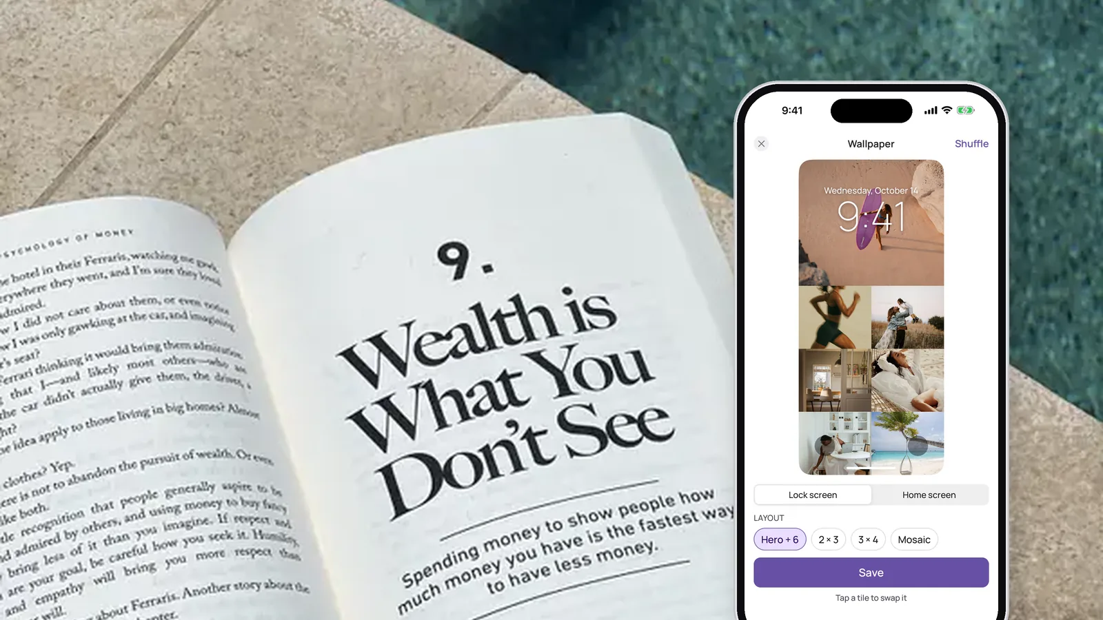 An iPhone showing the VISIYA wallpaper editor with a vision board collage as a lock screen, next to an open book by a pool, its chapter titled "Wealth is What You Don't See"