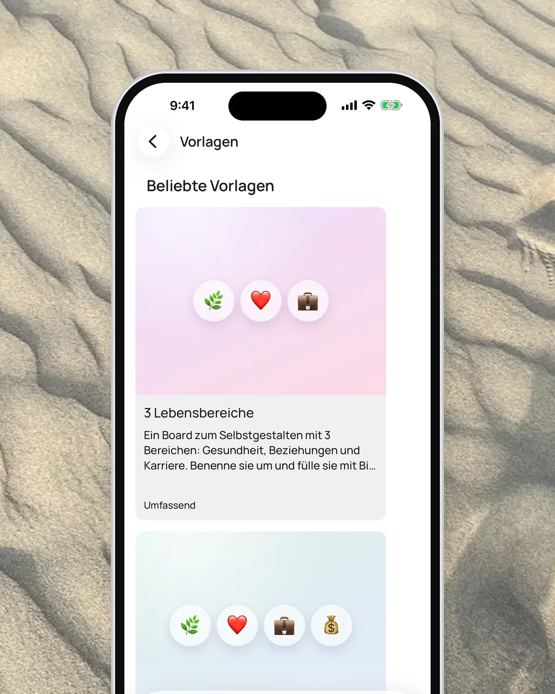 Die Vorlagen-Galerie in VISIYA mit fertigen Boards nach Lebensbereichen