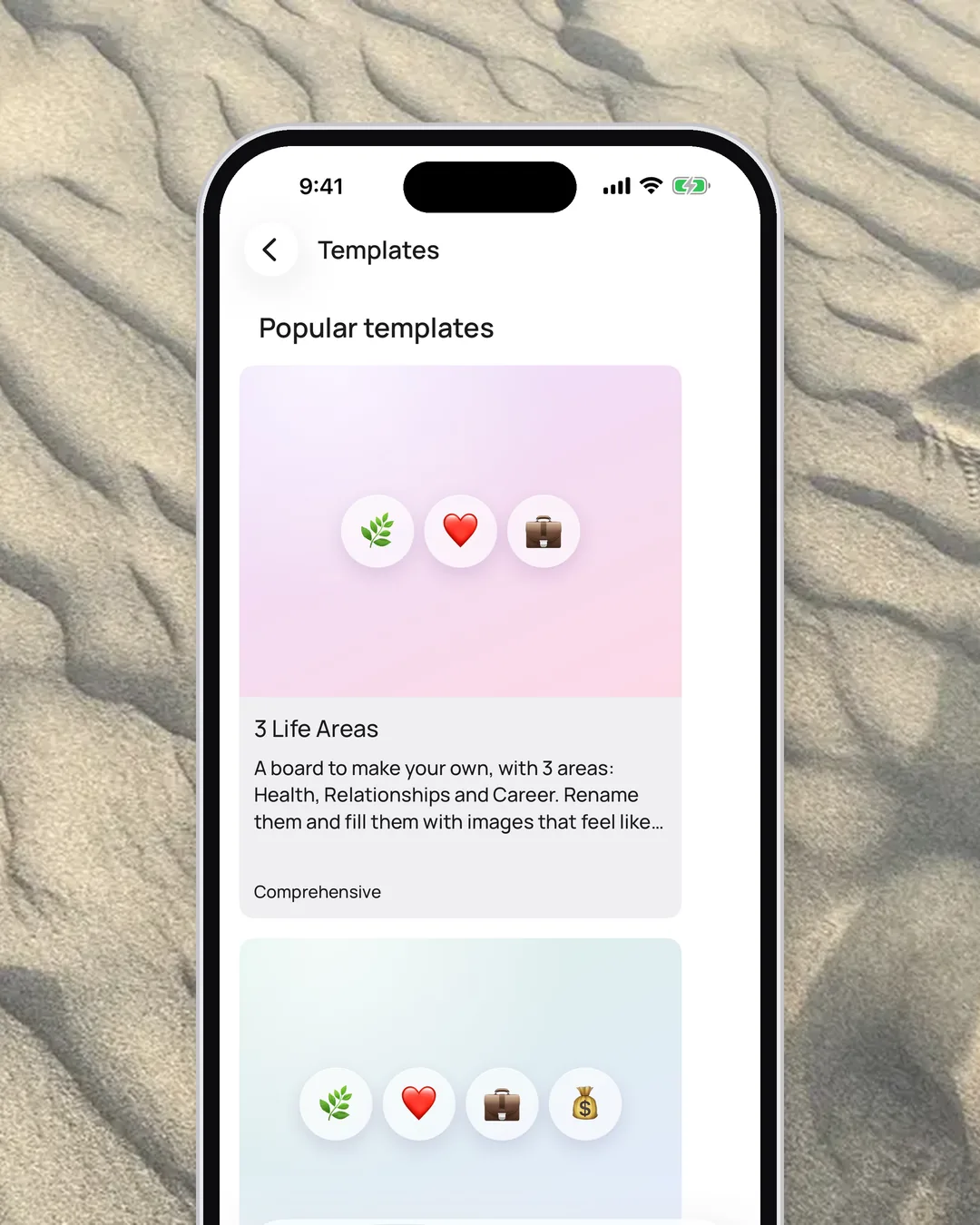 The VISIYA template gallery with ready-made boards sorted by life area
