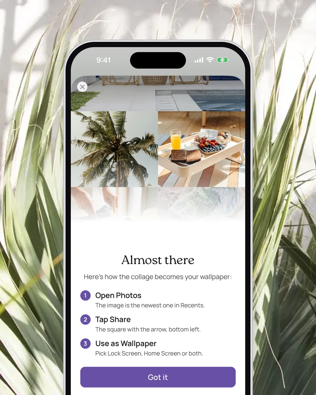 The "Almost there" sheet in VISIYA with three steps to set your board as wallpaper: open Photos, tap Share, Use as Wallpaper