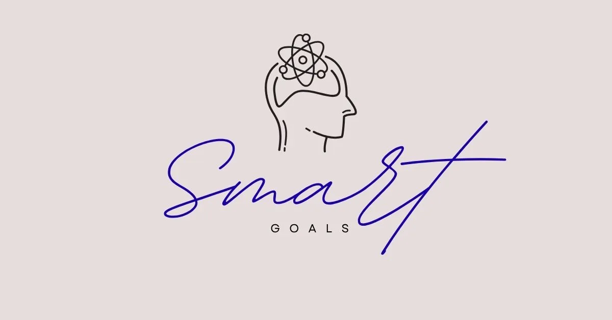 Beige “Smart Goals” graphic with a line-art head and an atom symbol