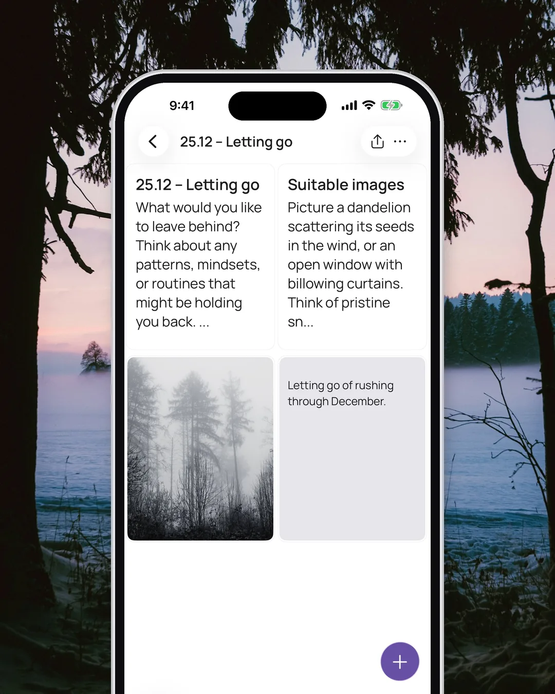 Night 1, “25.12 – Letting go,” open in VISIYA on an iPhone: the board's question, its image ideas, a photo of a misty forest and the note “Letting go of rushing through December.”