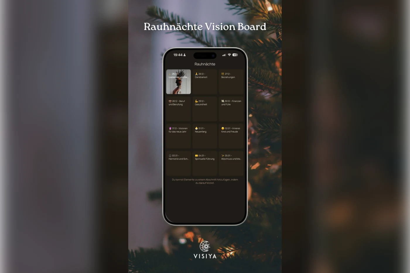Die VISIYA-App mit einem Rauhnächte-Vision-Board – eine Kachel für jede Nacht vom 25. Dezember bis 5. Januar