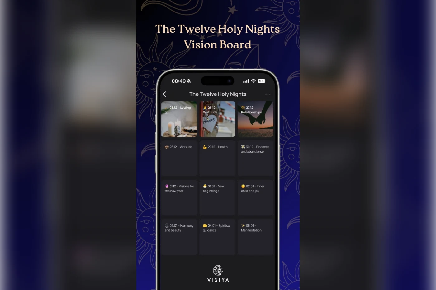 The VISIYA app showing a Twelve Holy Nights vision board, with a tile for each night from 25 December to 5 January