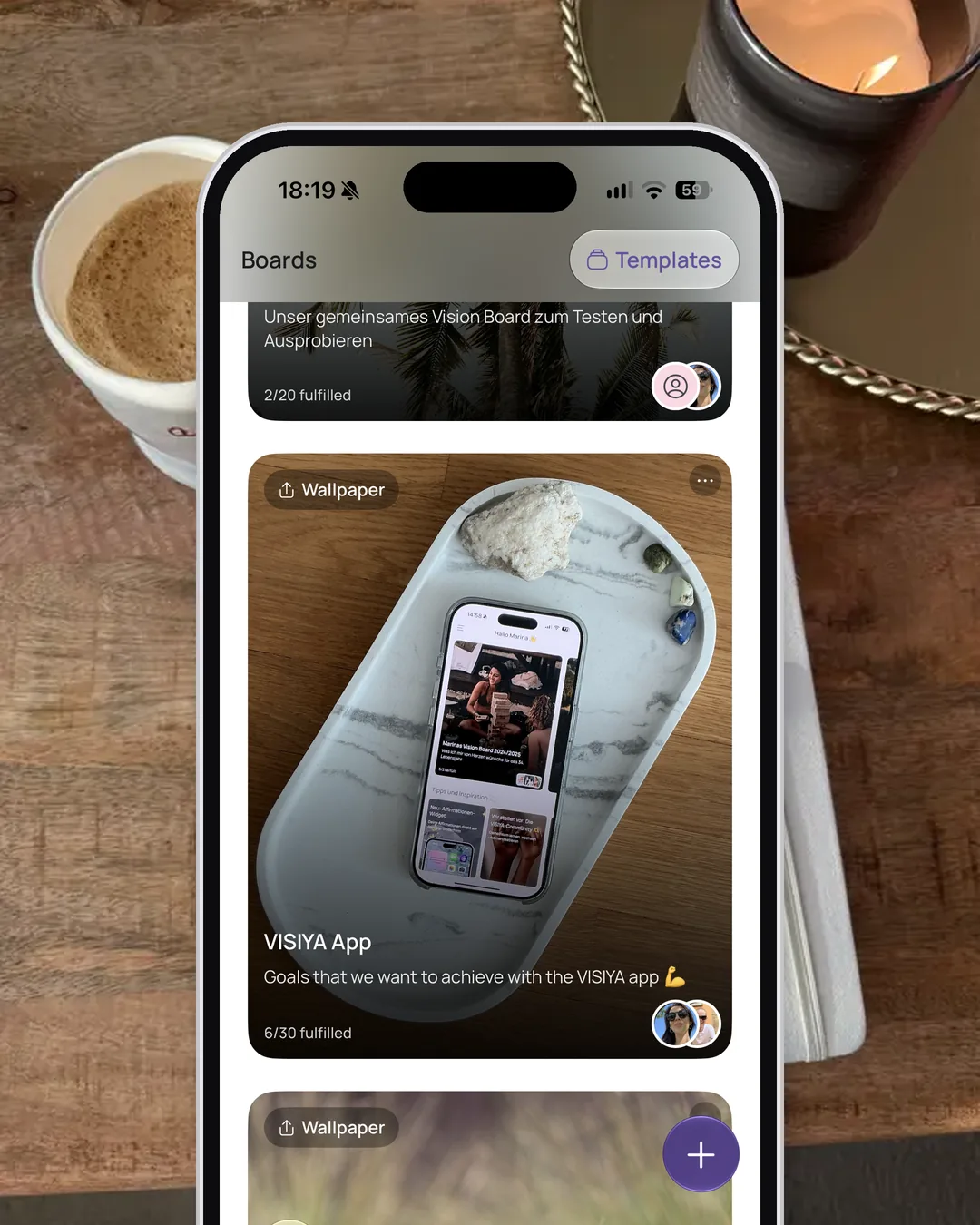 Die Board-Übersicht in VISIYA auf dem iPhone mit meinem geteilten Board „VISIYA App“ und dem Vermerk 6/30 erfüllt (App auf Englisch)