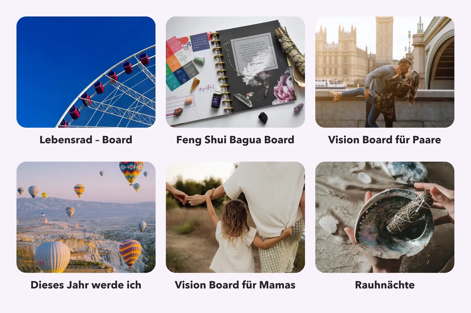 Die sechs kostenlosen VISIYA Vorlagen mit ihren Titelbildern: Lebensrad – Board, Feng Shui Bagua Board, Vision Board für Paare, Dieses Jahr werde ich, Vision Board für Mamas und Rauhnächte