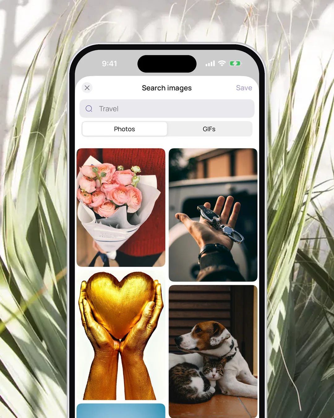 The Search images sheet in VISIYA with Photos and GIFs tabs, on an iPhone framed by palm fronds