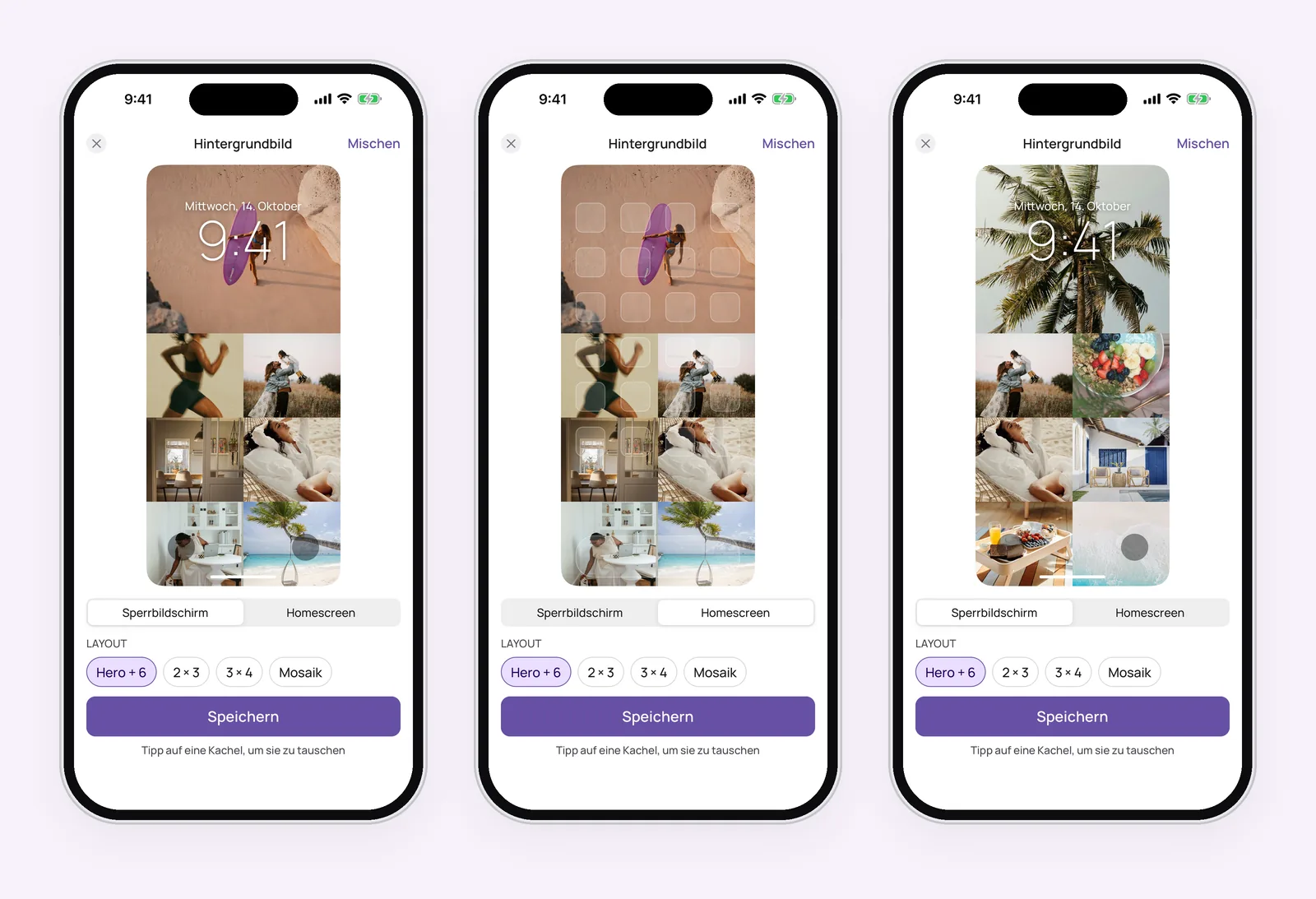 Drei VISIYA Screens zum Hintergrundbild nebeneinander: Vorschau für den Sperrbildschirm, für den Homescreen und ein neu gemischtes Layout