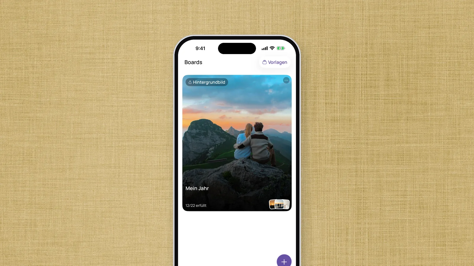 Die Board-Übersicht in der VISIYA-App: Auf der Karte des Boards „Mein Jahr“ steht „12/22 erfüllt“