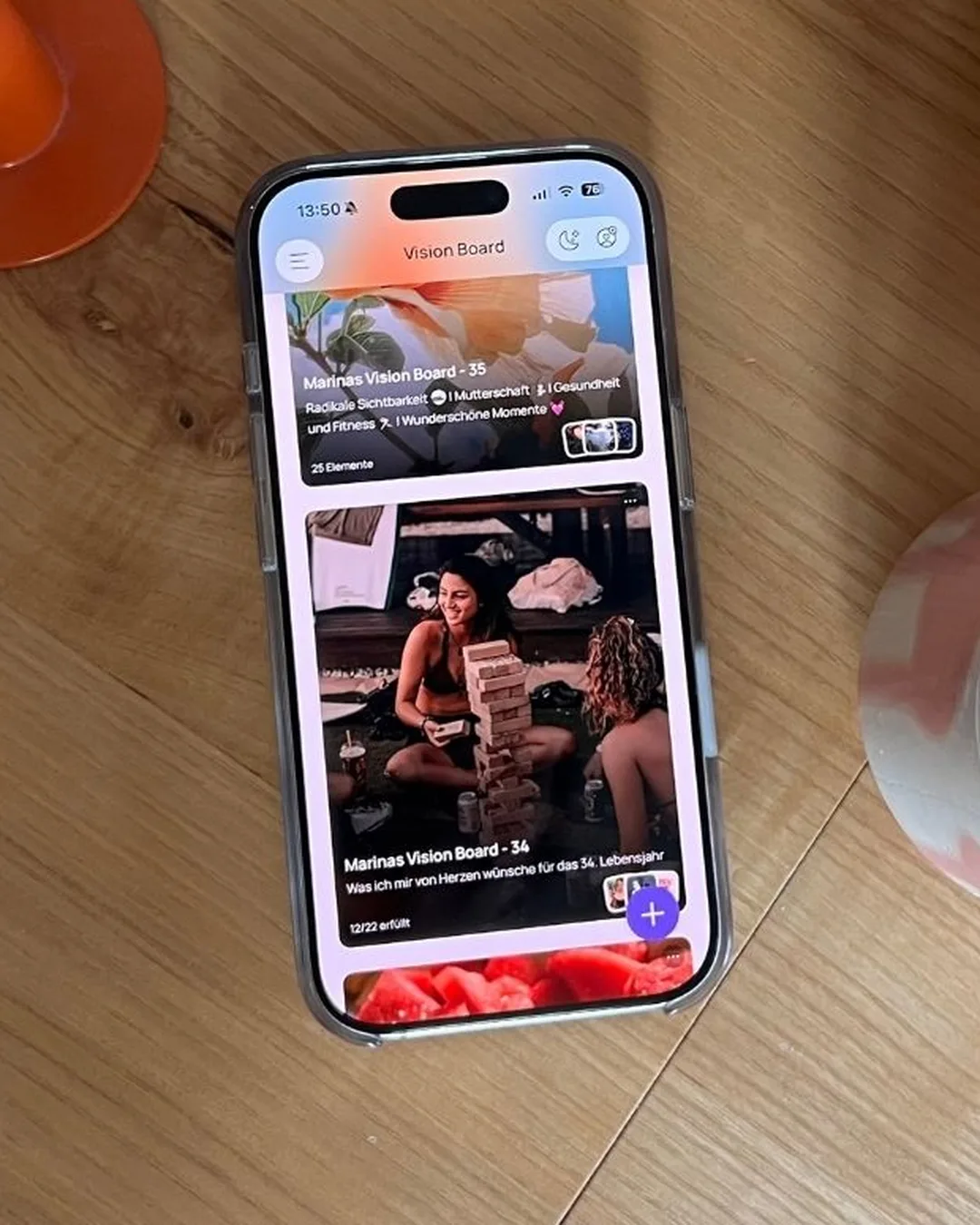 Bildschirmausschnitt von meinem iPhone in der VISIYA-App: die Karte meines Boards „Marinas Vision Board – 34“ mit „12/22 erfüllt“