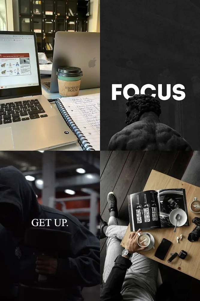 Мужской мотивирующий коллаж с ноутбуком, кофе, статуей и словами FOCUS и GET UP