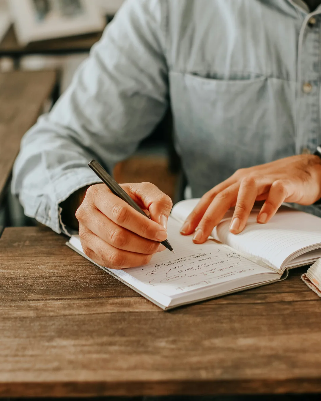 A man writing in a notebook at a wooden desk, only his hands and the page in view