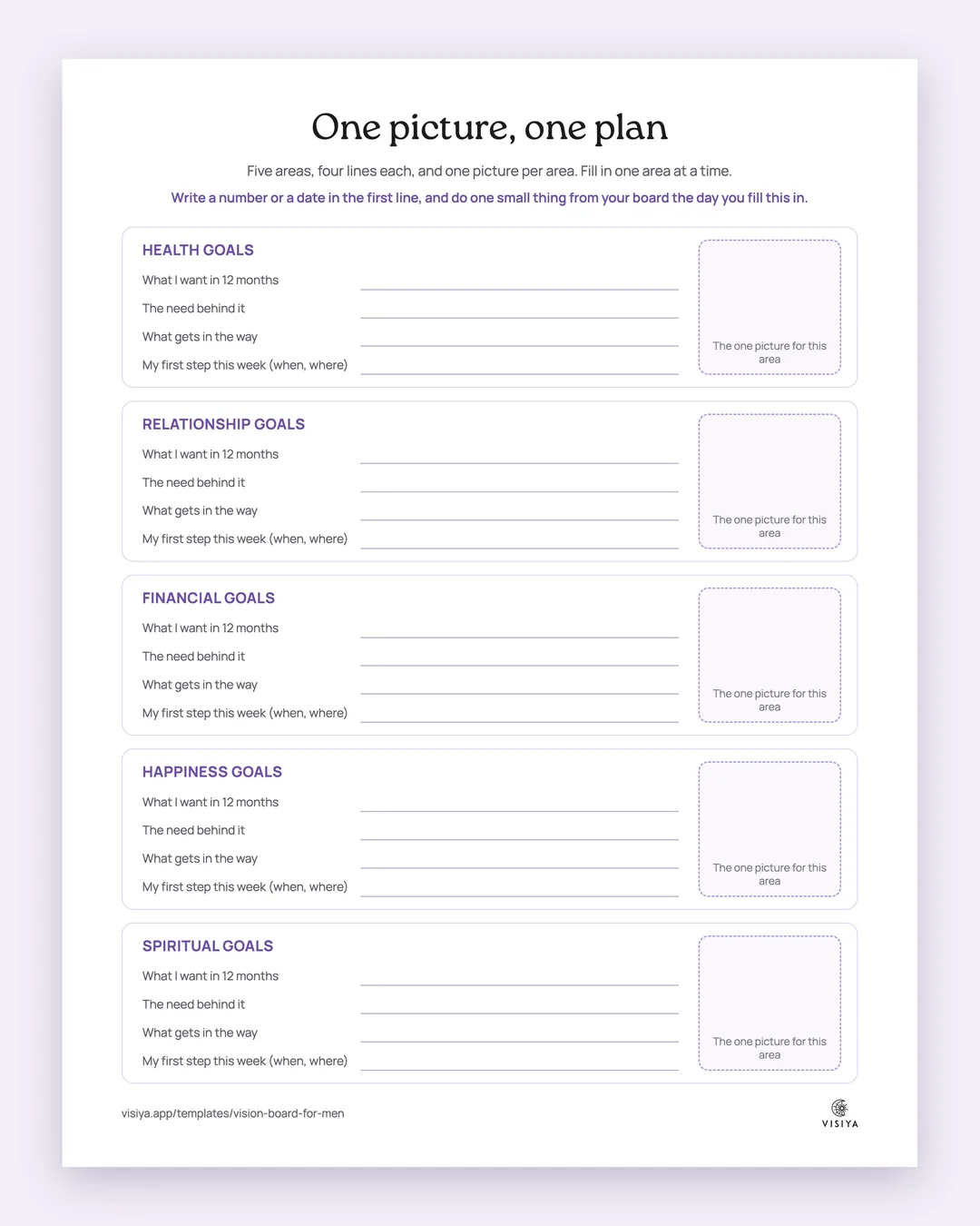 Preview of the "One picture, one plan" worksheet: five goal areas, each with four lines to fill in and a box for one picture